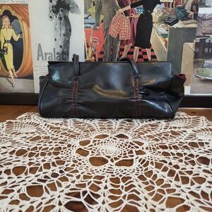 Victoria's Secret Vintage Black Faux Leather & Red Stitching Baguette Handbag